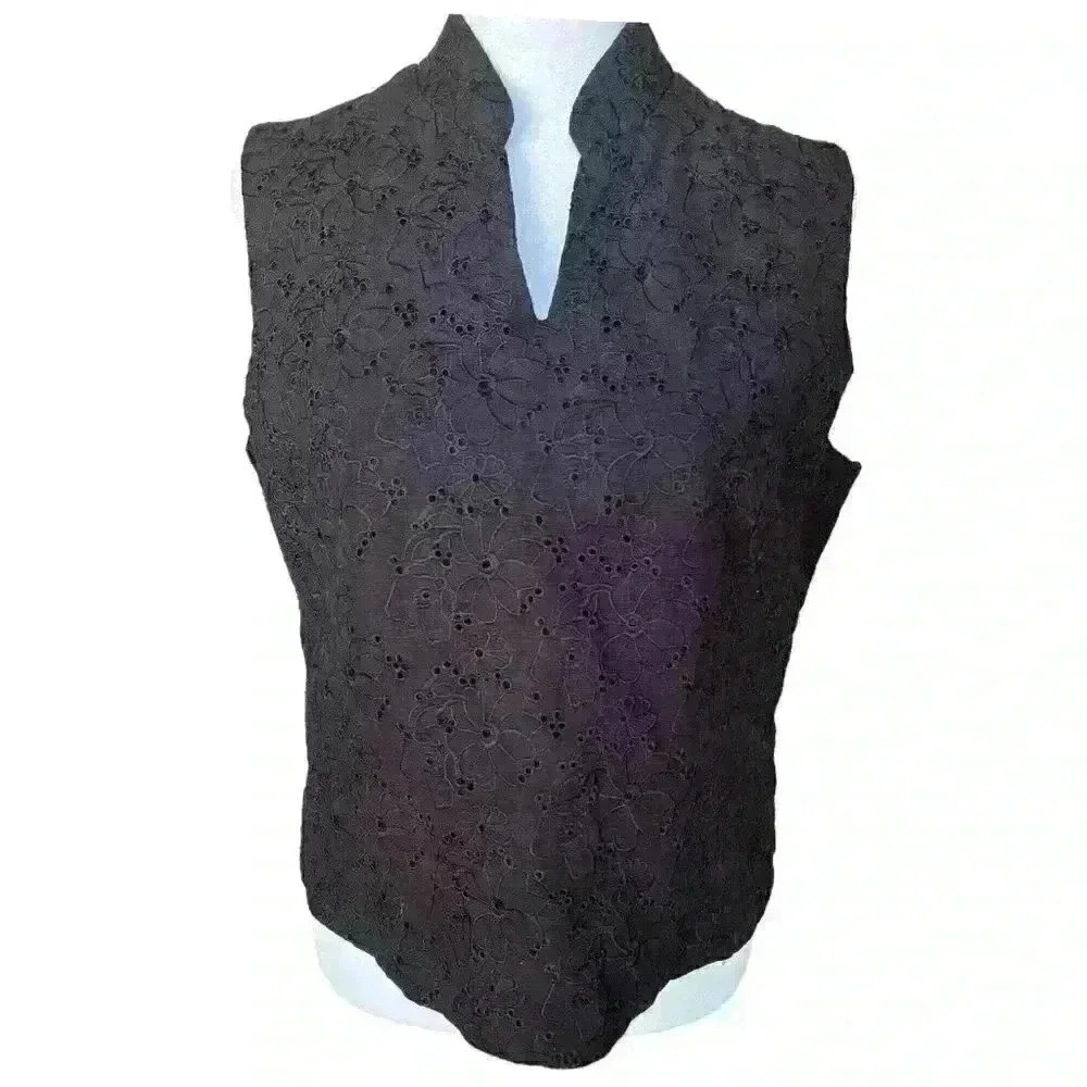 Kenar Floral Jacquard Split V-Neck Sleeveless Linen Shell Sz 10